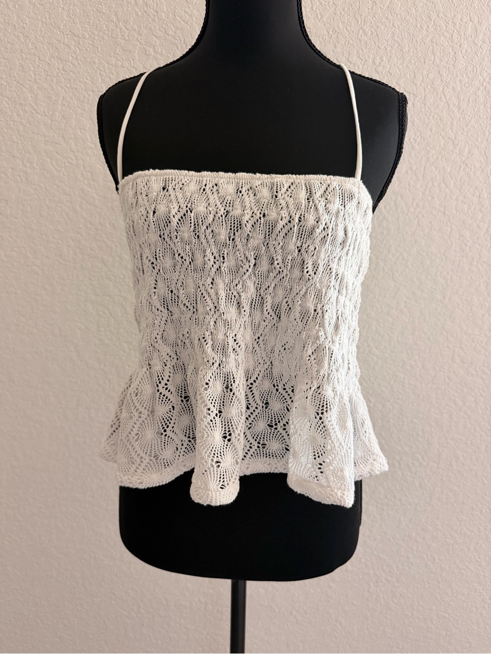 Oysho NWT White Pointelle Knit Camisole Top | Ruffle Flared Hem Spaghetti Strap